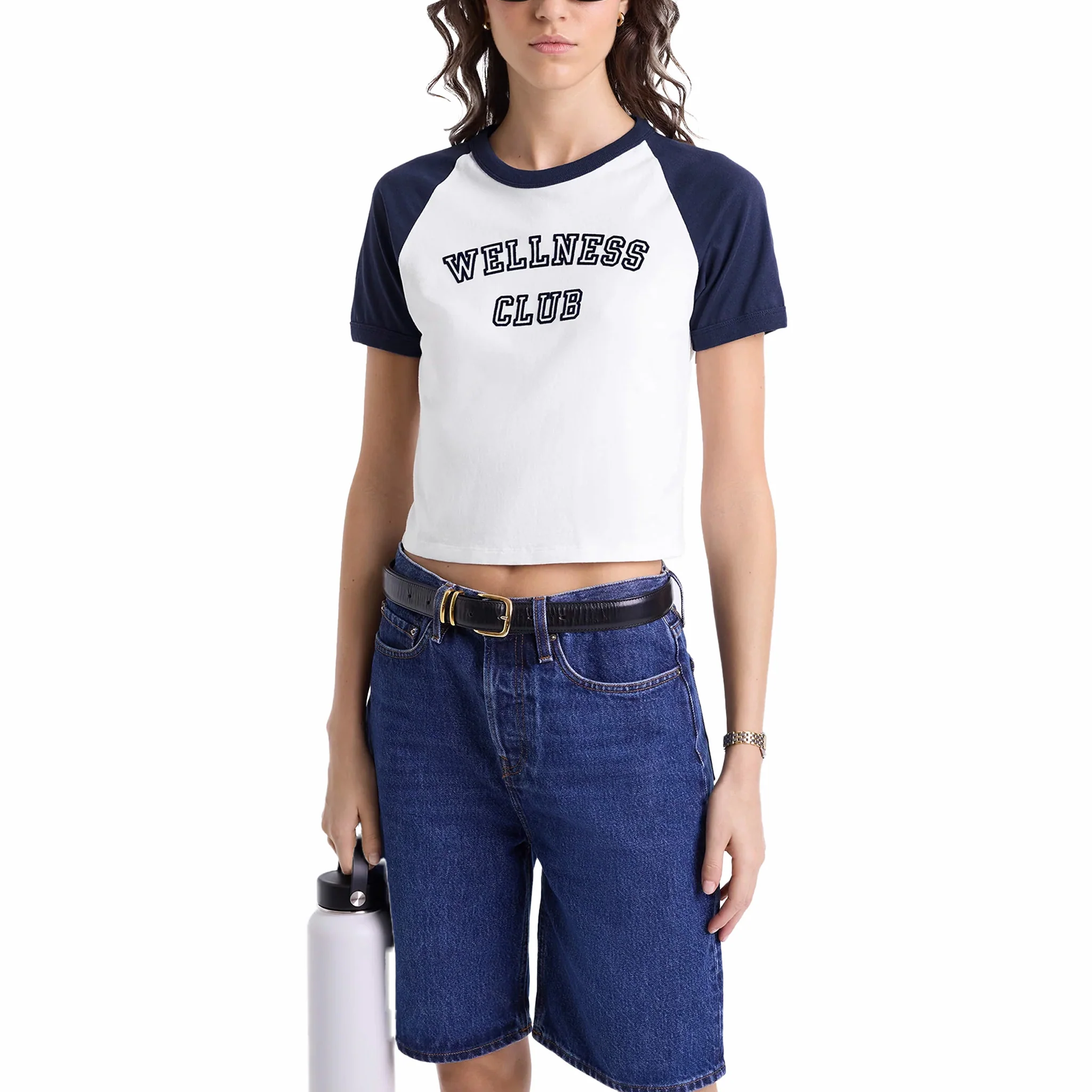 Sporty & Rich Women's Wellness Club Flocked Baby Tee (White/Navy)